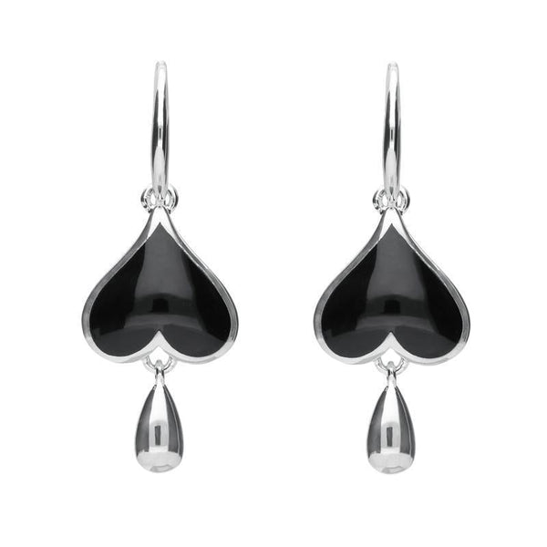 Sterling Silver Whitby Jet Heart Teardrop Hook Earrings. E2018.