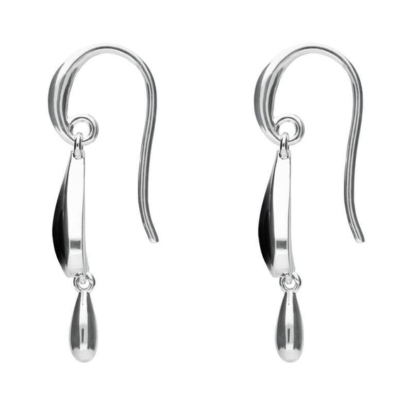 Sterling Silver Whitby Jet Heart Teardrop Hook Earrings. E2018.