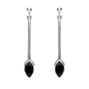 Sterling Silver Whitby Jet Long Marquise Drop Earrings. E131.