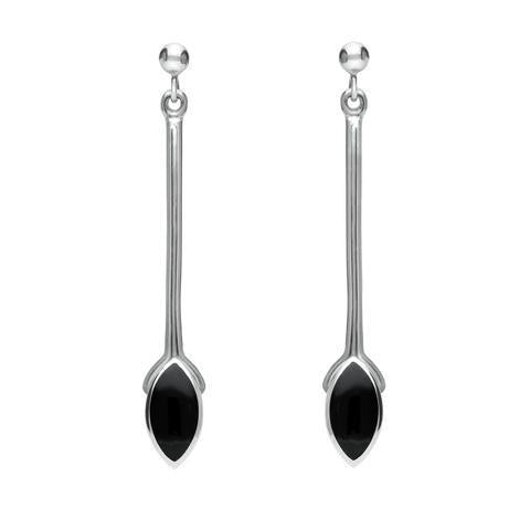 Sterling Silver Whitby Jet Long Marquise Drop Earrings. E131.