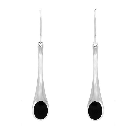 Sterling Silver Whitby Jet Long Tapered Drop Hook Earrings. E840.