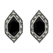 Sterling Silver Whitby Jet Marcasite Abstract Marqusie Stud Earrings, E1695. 