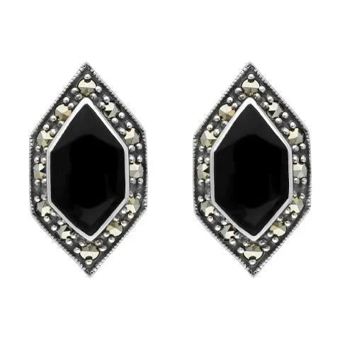 Sterling Silver Whitby Jet Marcasite Abstract Marqusie Stud Earrings, E1695. 