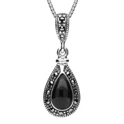 Sterling Silver Whitby Jet Marcasite Beaded Pear Necklace P2143