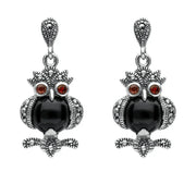 Sterling Silver Whitby Jet Marcasite Garnet Owl Two Piece Set