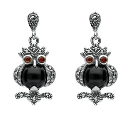 Sterling Silver Whitby Jet Marcasite Garnet Owl Two Piece Set