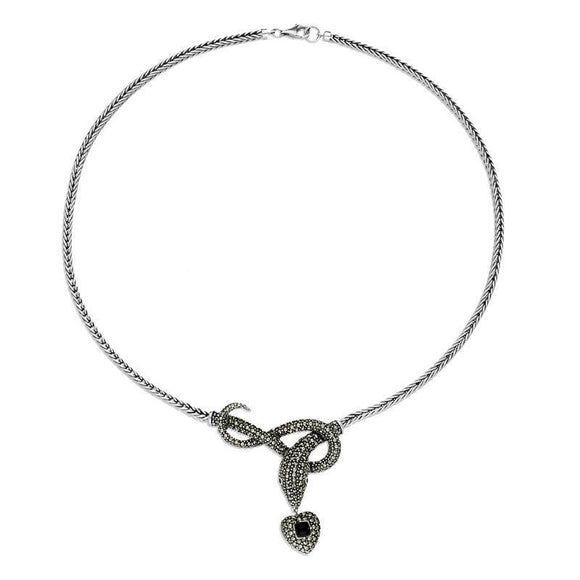 Sterling Silver Whitby Jet Marcasite Garnet Snake Necklace N1050