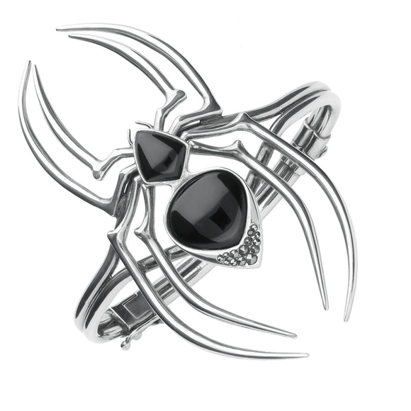 Sterling Silver Whitby Jet & Marcasite Gothic Spider Bangle. B862