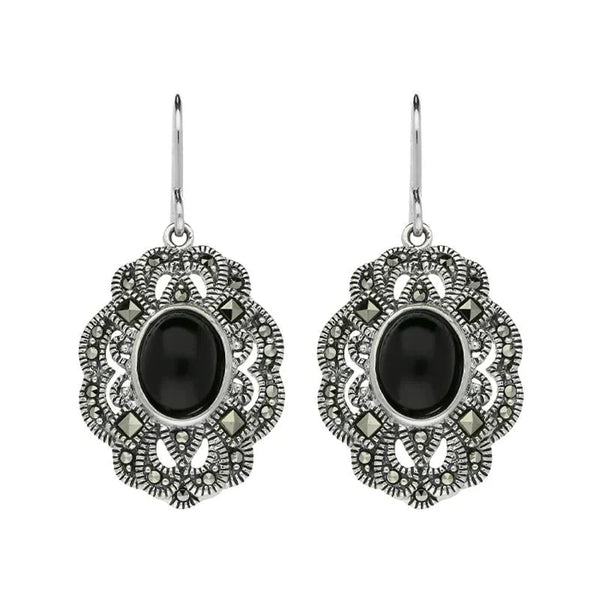 Sterling Silver Whitby Jet Marcasite Lace Edge Oval Drop Earrings E2148