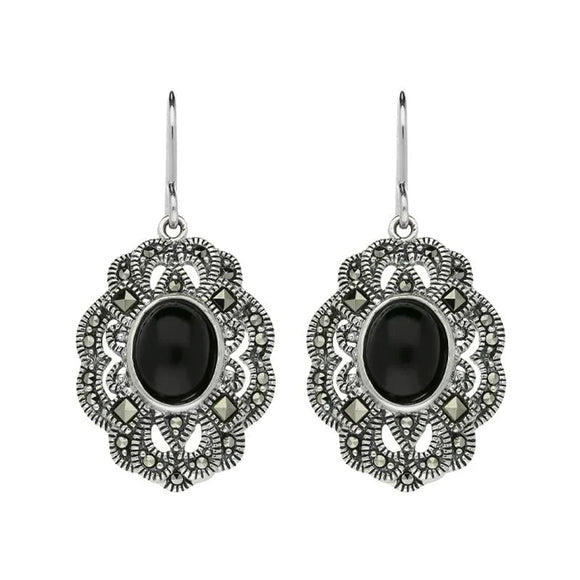 Sterling Silver Whitby Jet Marcasite Lace Edge Oval Drop Earrings E2148