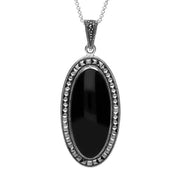 Sterling Silver Whitby Jet Marcasite Long Oval Bead Edge Necklace, P2116.