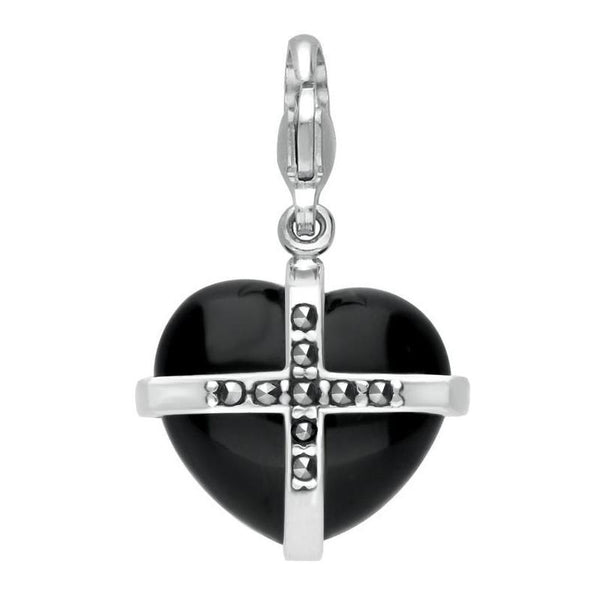Sterling Silver Whitby Jet Marcasite Medium Cross Heart Charm G781