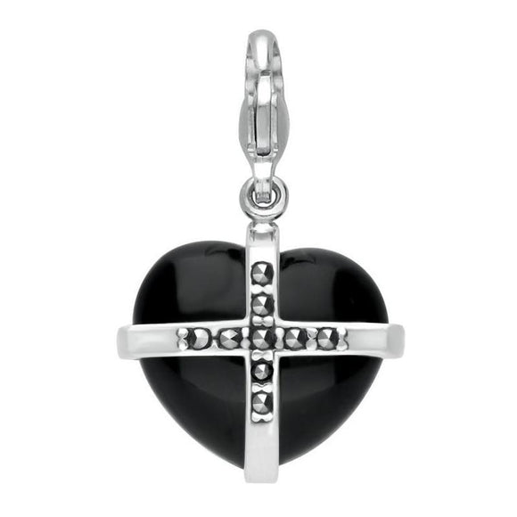 Sterling Silver Whitby Jet Marcasite Medium Cross Heart Charm G781