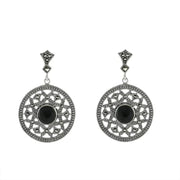 Sterling Silver Whitby Jet Marcasite Open Circle Round Drop Earrings. E1788.