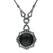 Sterling Silver Whitby Jet Marcasite Ornate Framed Necklace, N993.