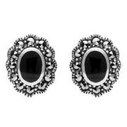 Sterling Silver Whitby Jet Marcasite Oval Beaded Edge Stud Earrings E1632