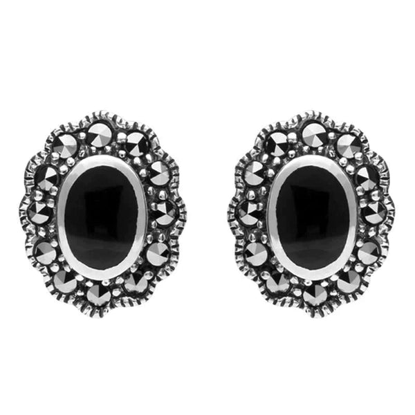 Sterling Silver Whitby Jet Marcasite Oval Beaded Edge Stud Earrings E1632