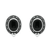 Sterling Silver Whitby Jet Marcasite Oval Framed Stud Earrings. E876. 