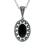 Sterling Silver Whitby Jet Marcasite Oval Necklace. P1323.