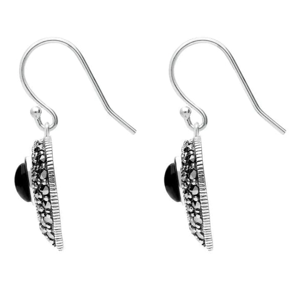 Sterling Silver Whitby Jet Marcasite Oval Swirl Heart Hook Earrings E2304