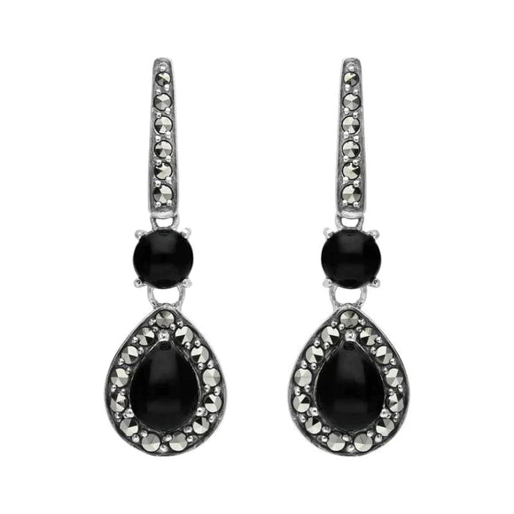 Sterling Silver Whitby Jet Marcasite Pear Drop Earrings E1703