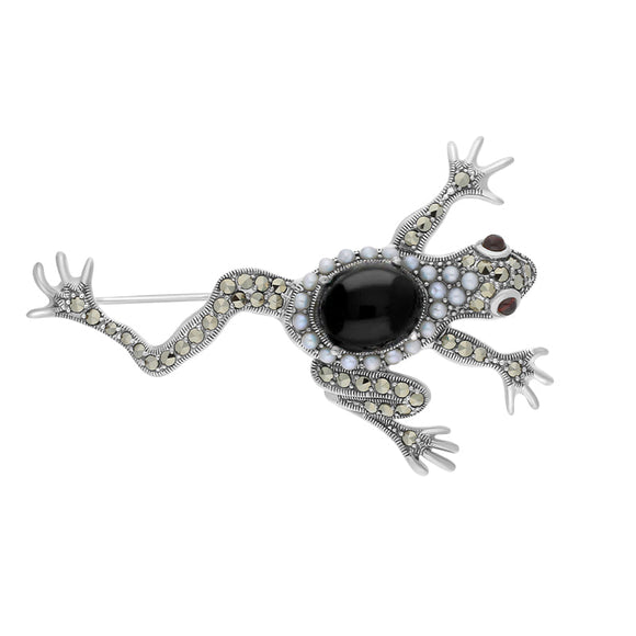 Sterling Silver Whitby Jet Marcasite Pearl Garnet Frog Brooch, M295.