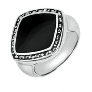 Sterling Silver Whitby Jet Marcasite Rhombus Framed Ring. R431.