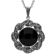 Sterling Silver Whitby Jet Marcasite Ribbon Edge Necklace, P2135.