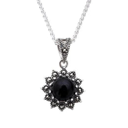 Sterling Silver Whitby Jet Marcasite Round Beaded Edge Necklace, P2127.