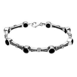 Sterling Silver Whitby Jet Marcasite Eight Stone Round Link Bracelet  B751