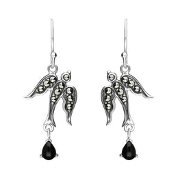 Sterling Silver Whitby Jet Marcasite Swallow Drop Earrings E2486