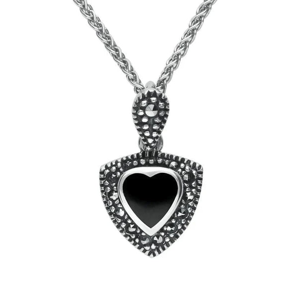Sterling Silver Whitby Jet Marcasite Triangle Heart Necklace P1321