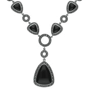 Sterling Silver Whitby Jet Marcasite Triangular Thirteen Stone Necklace, N995.