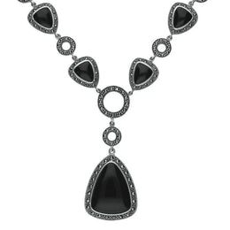 Sterling Silver Whitby Jet Marcasite Triangular Thirteen Stone Necklace, N995.