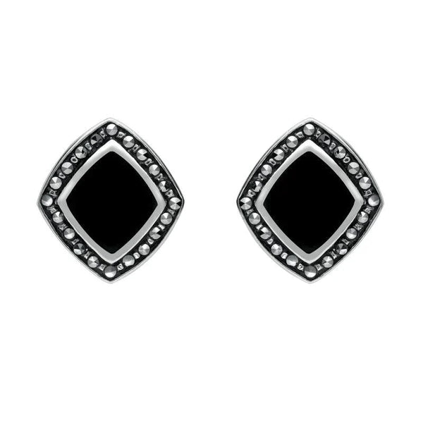 Sterling Silver Whitby Jet Marcasite Wide Rhombus Framed Stud Earrings. E936.