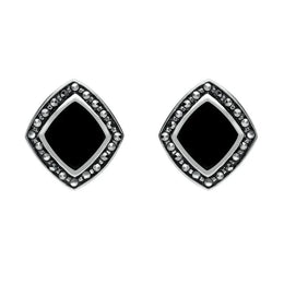 Sterling Silver Whitby Jet Marcasite Wide Rhombus Framed Stud Earrings. E936.