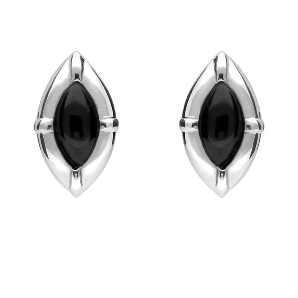 Sterling Silver Whitby Jet Marquise Beaded Edge Stud Earrings E1615