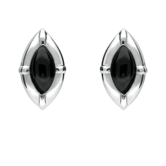 Sterling Silver Whitby Jet Marquise Beaded Edge Stud Earrings E1615