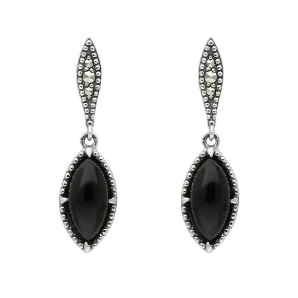 Sterling Silver Whitby Jet Marquise Long Drop Earrings E1702