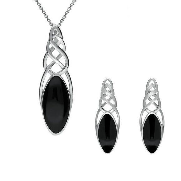 Sterling Silver Whitby Jet Marquise Pierced Long Two Piece Set, S054.