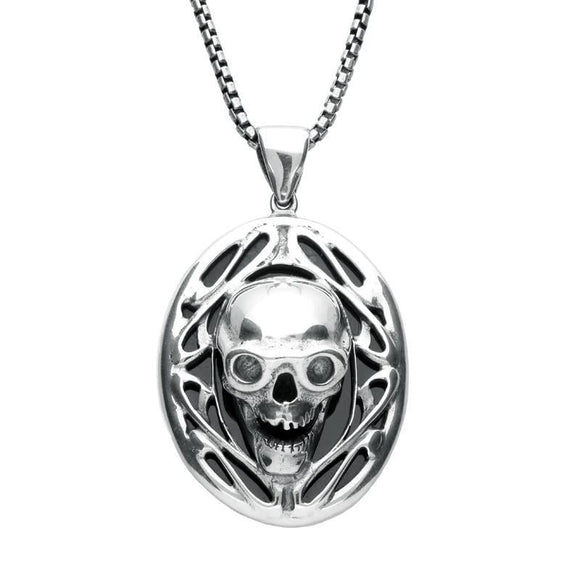 Sterling Silver Whitby Jet Medium Oval Skull Necklace, P2799.