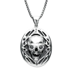 Sterling Silver Whitby Jet Medium Oval Skull Necklace, P2799.