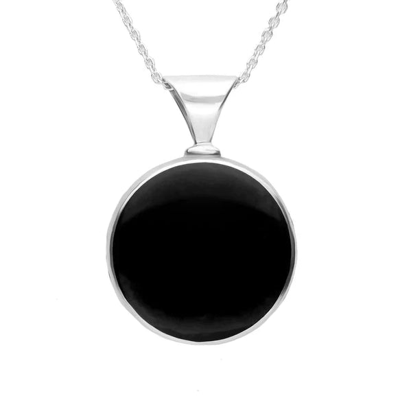 Sterling Silver Whitby Jet Mother of Pearl Round Heavy Fob Necklace, P146.
