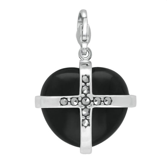 Sterling Silver Whitby Jet Nine Marcasite Cross Heart Charm G782