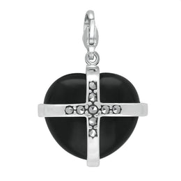 Sterling Silver Whitby Jet Nine Marcasite Cross Heart Charm G782