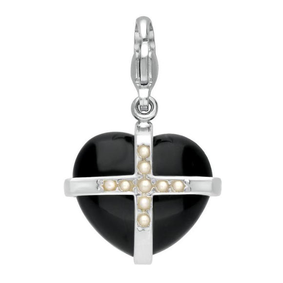 Sterling Silver Whitby Jet Nine Pearl Medium Cross Heart Charm G768