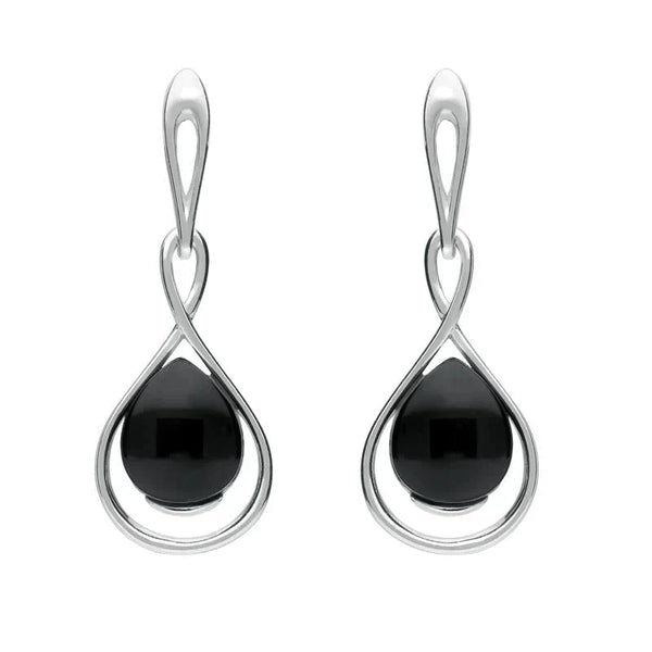 Sterling Silver Whitby Jet Open Pear Twist Drop Earrings E2440