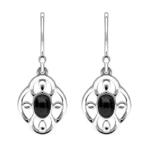 Sterling Silver Whitby Jet Open Petal Edge Flower Hook Earrings