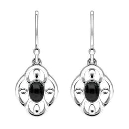 Sterling Silver Whitby Jet Open Petal Edge Flower Hook Earrings