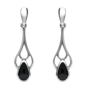 Sterling Silver Whitby Jet Ornate Pear Drop Earrings. E139. 